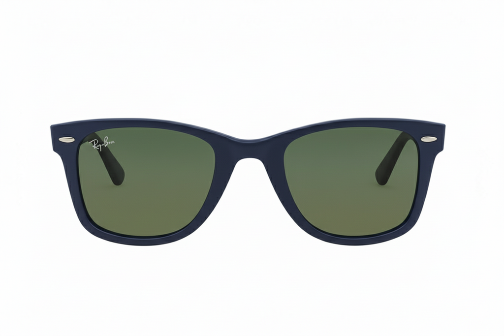 Ray-Ban RB2140 Wayfarer sunglasses matte blue frame  green lenses.