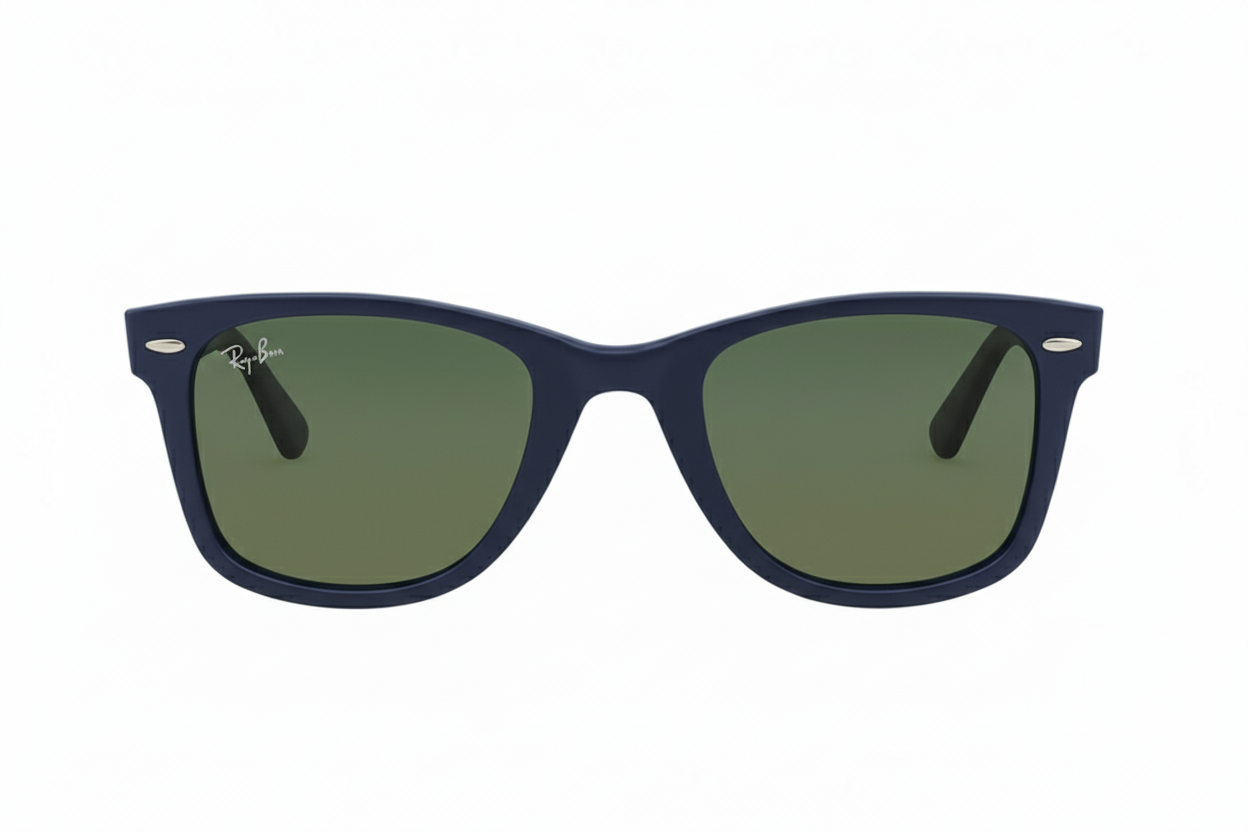Ray-Ban RB2140 Wayfarer sunglasses matte blue frame  green lenses.