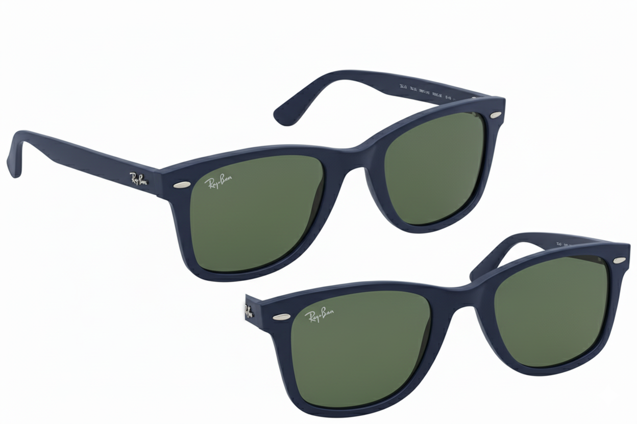 Ray-Ban RB2140 Wayfarer sunglasses matte blue frame  green lenses.